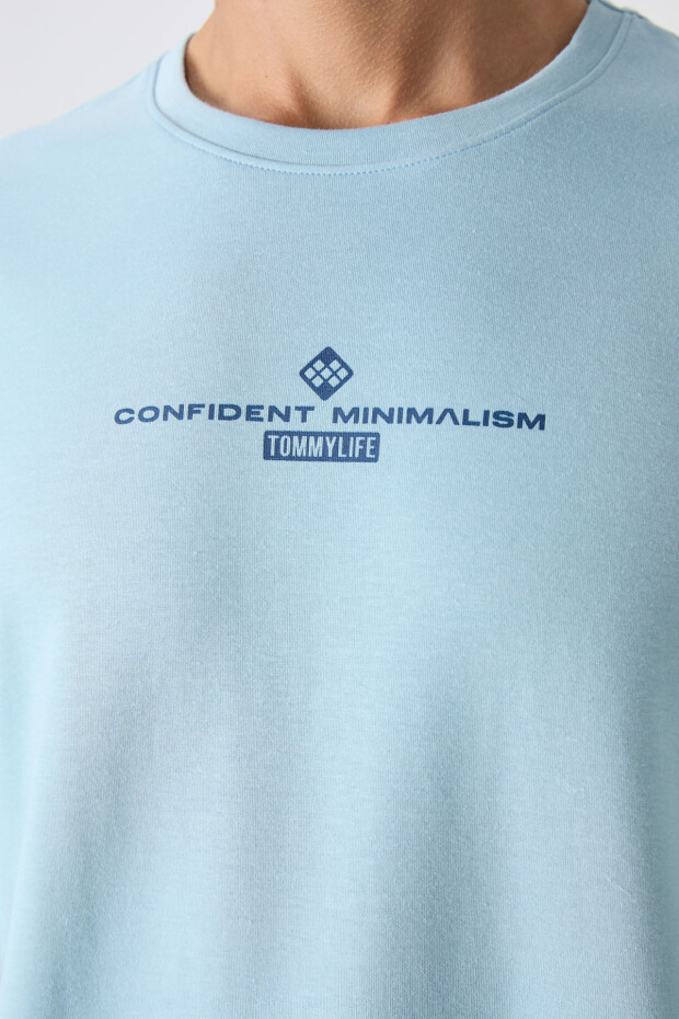 Açık Mavi Pamuklu Kalın Yumuşak Dokulu Oversize Fit Baskılı Erkek T-Shirt - 88321 - 2