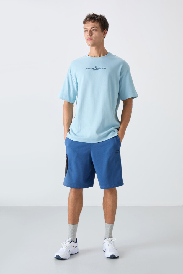 Açık Mavi Pamuklu Kalın Yumuşak Dokulu Oversize Fit Baskılı Erkek T-Shirt - 88321 - 3