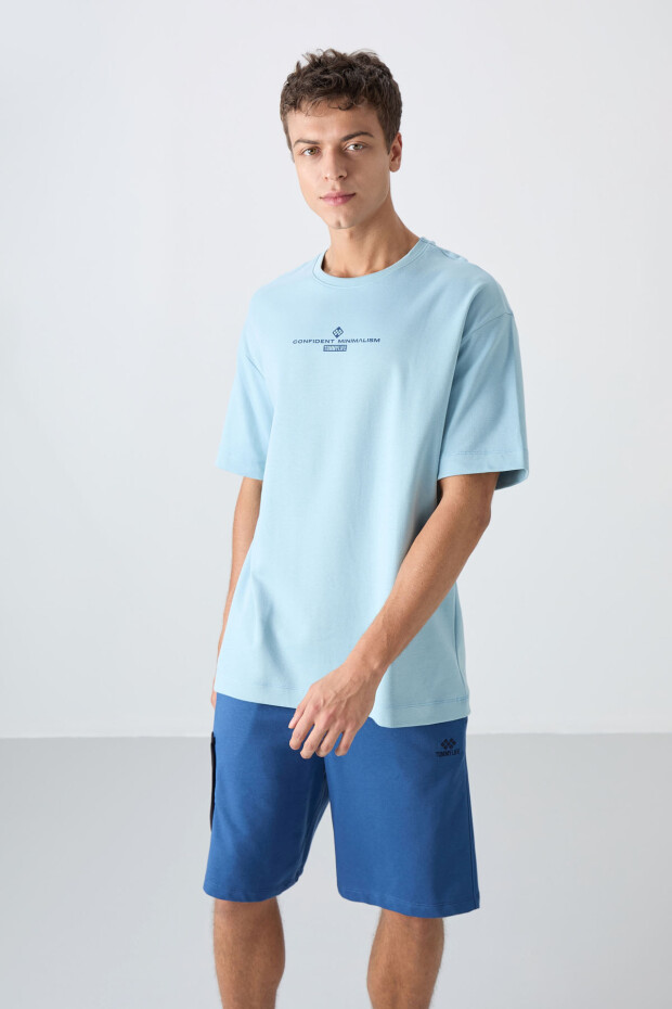 Açık Mavi Pamuklu Kalın Yumuşak Dokulu Oversize Fit Baskılı Erkek T-Shirt - 88321
