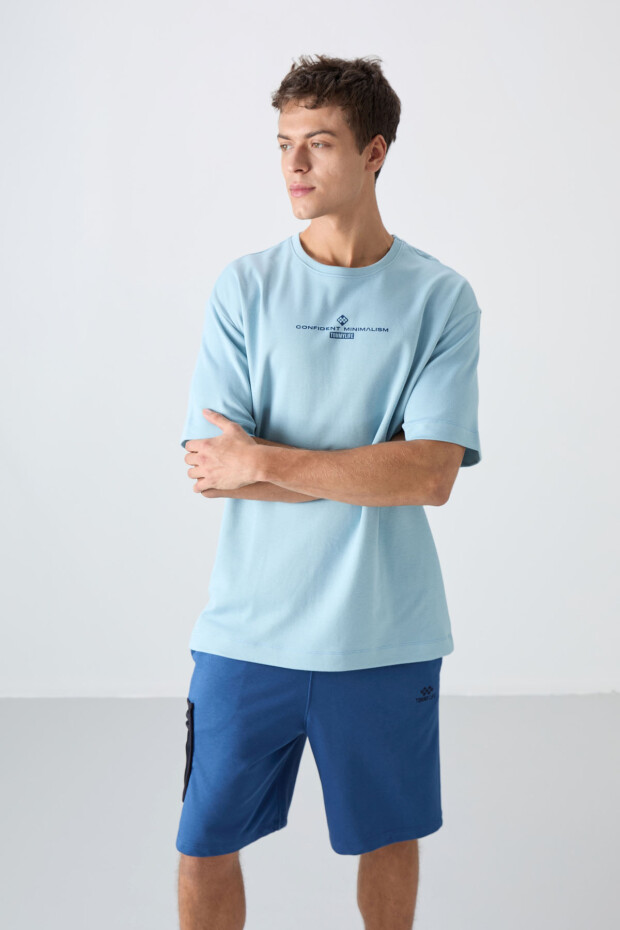 Açık Mavi Pamuklu Kalın Yumuşak Dokulu Oversize Fit Baskılı Erkek T-Shirt - 88321