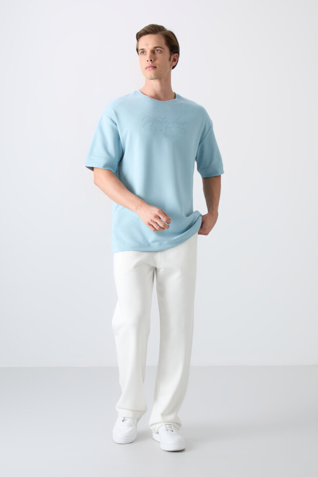 Açık Mavi Pamuklu Kalın Yumuşak Dokulu Oversize Fit Baskılı Erkek T-Shirt - 88320