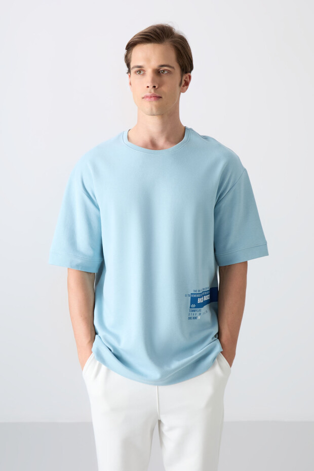 Açık Mavi Pamuklu Kalın Yumuşak Dokulu Oversize Fit Baskılı Erkek T-Shirt - 88322