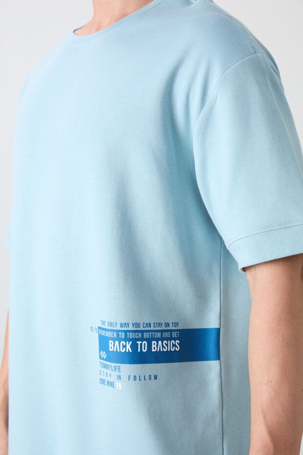 Açık Mavi Pamuklu Kalın Yumuşak Dokulu Oversize Fit Baskılı Erkek T-Shirt - 88322