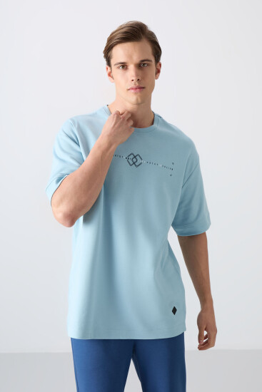 Açık Mavi Pamuklu Kalın Yumuşak Dokulu Oversize Fit Baskılı Erkek T-Shirt - 88323 
