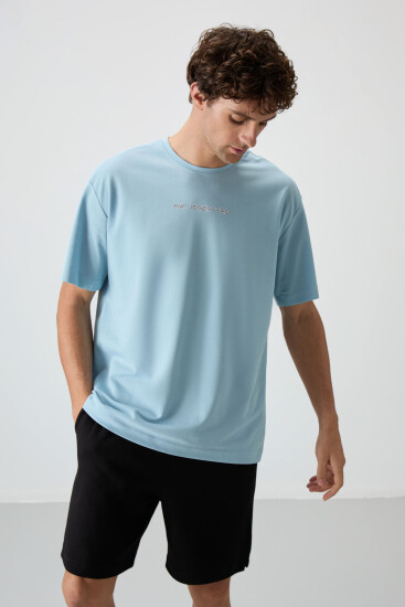 Açık Mavi Pamuklu Kalın Yüzeyi Dokulu Oversize Fit Baskılı Erkek T-Shirt - 88364 
