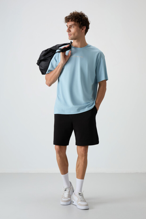 Açık Mavi Pamuklu Kalın Yüzeyi Dokulu Oversize Fit Baskılı Erkek T-Shirt - 88364 - 3