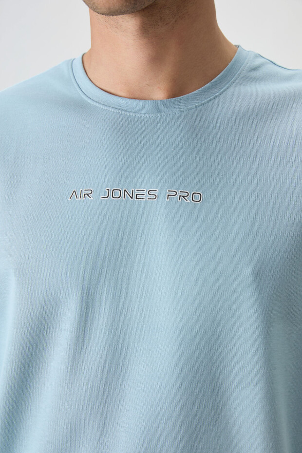 Açık Mavi Pamuklu Kalın Yüzeyi Dokulu Oversize Fit Baskılı Erkek T-Shirt - 88364 - 2