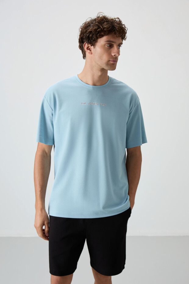 Açık Mavi Pamuklu Kalın Yüzeyi Dokulu Oversize Fit Baskılı Erkek T-Shirt - 88364