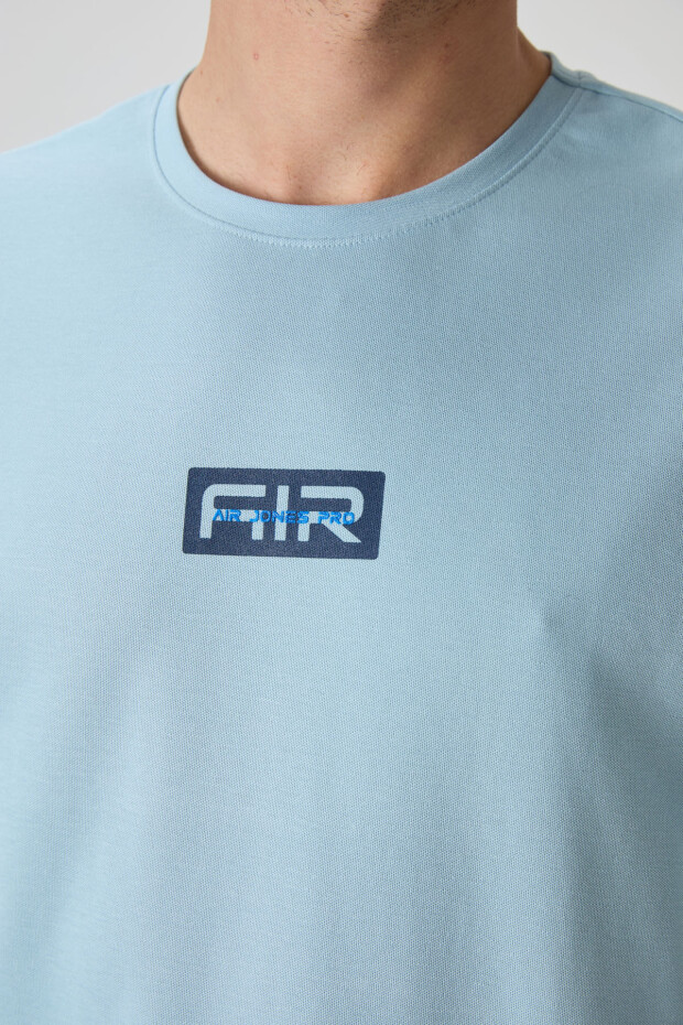 Açık Mavi Pamuklu Kalın Yüzeyi Dokulu Oversize Fit Baskılı Erkek T-Shirt - 88367 - 3