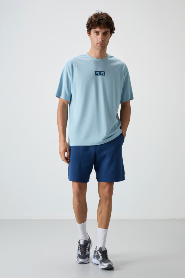 Açık Mavi Pamuklu Kalın Yüzeyi Dokulu Oversize Fit Baskılı Erkek T-Shirt - 88367 - 5
