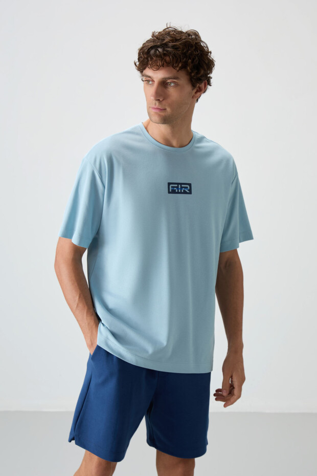 Açık Mavi Pamuklu Kalın Yüzeyi Dokulu Oversize Fit Baskılı Erkek T-Shirt - 88367