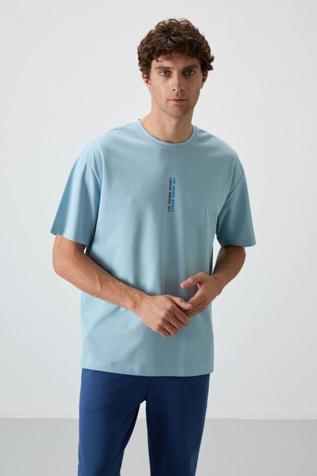 Açık Mavi Pamuklu Kalın Yüzeyi Dokulu Oversize Fit Baskılı Erkek T-Shirt - 88368 - 4