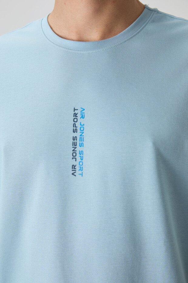 Açık Mavi Pamuklu Kalın Yüzeyi Dokulu Oversize Fit Baskılı Erkek T-Shirt - 88368