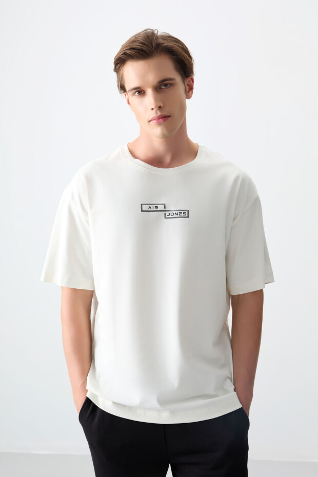 Ekru %100 Pamuk Kalın Yumuşak Dokulu Oversize Fit Baskılı Erkek T-Shirt - 88361