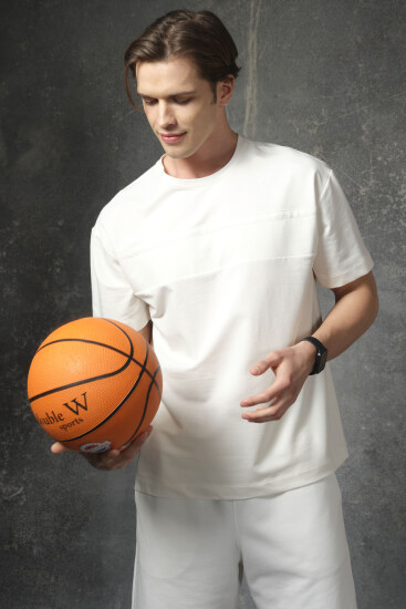 Ekru Pamuklu Kalın Yumuşak Dokulu Oversize Fit Basic Erkek T-Shirt - 88378 - Air Jones (1)