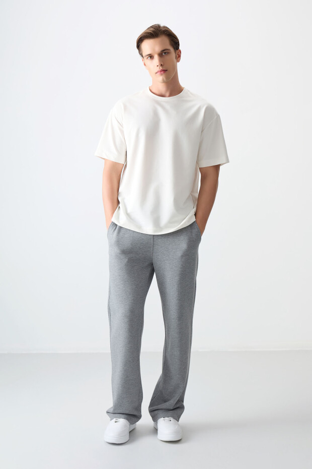 Ekru Pamuklu Kalın Yumuşak Dokulu Oversize Fit Basic Erkek T-Shirt - 88377 - 5