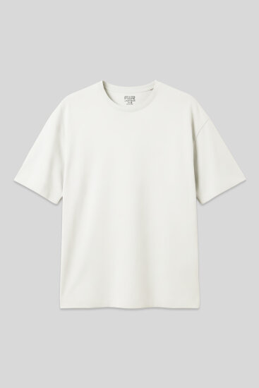 Ekru Pamuklu Kalın Yumuşak Dokulu Oversize Fit Basic Erkek T-Shirt - 88377 