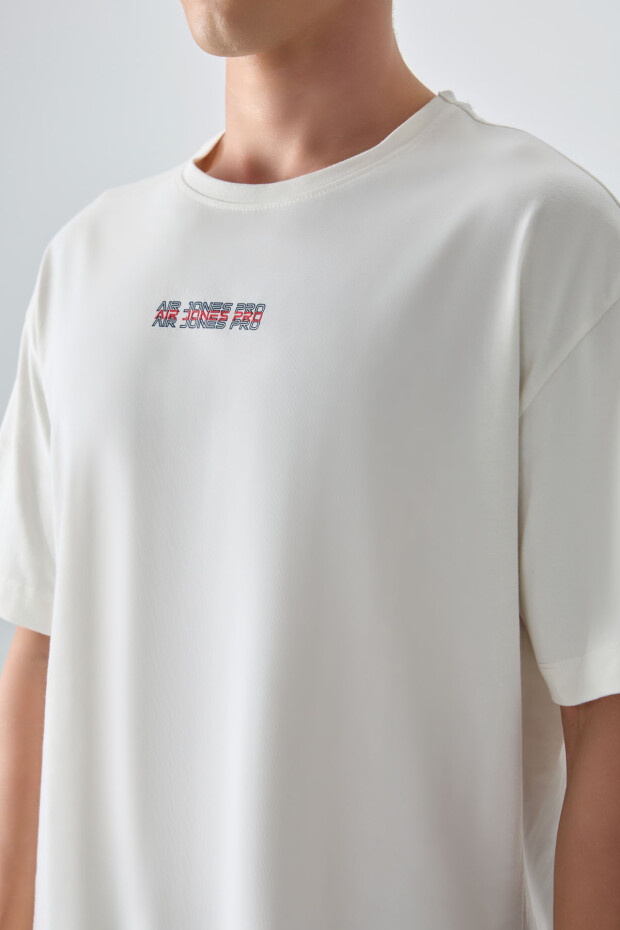 Ekru %100 Pamuk Kalın Yumuşak Dokulu Oversize Fit Baskılı Erkek T-Shirt - 88354 - 3