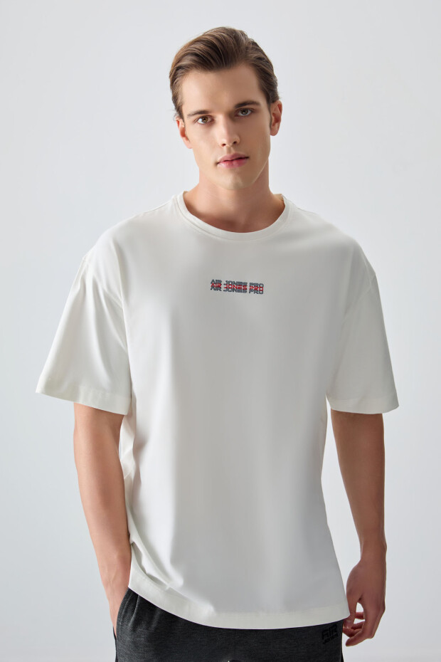 Ekru %100 Pamuk Kalın Yumuşak Dokulu Oversize Fit Baskılı Erkek T-Shirt - 88354 - 1
