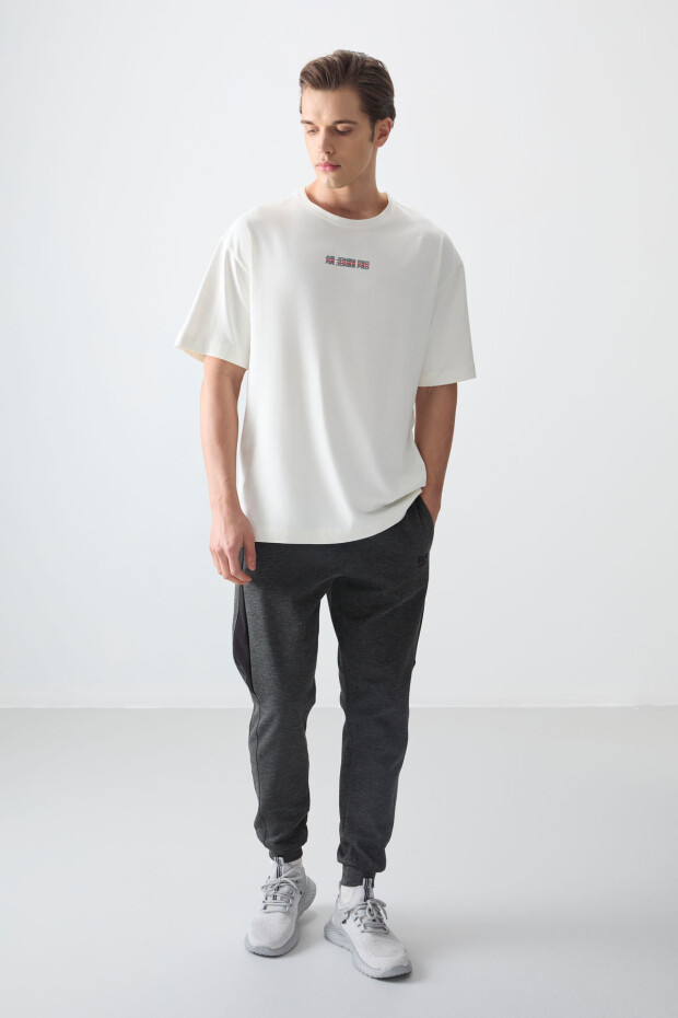 Ekru %100 Pamuk Kalın Yumuşak Dokulu Oversize Fit Baskılı Erkek T-Shirt - 88354 - 2