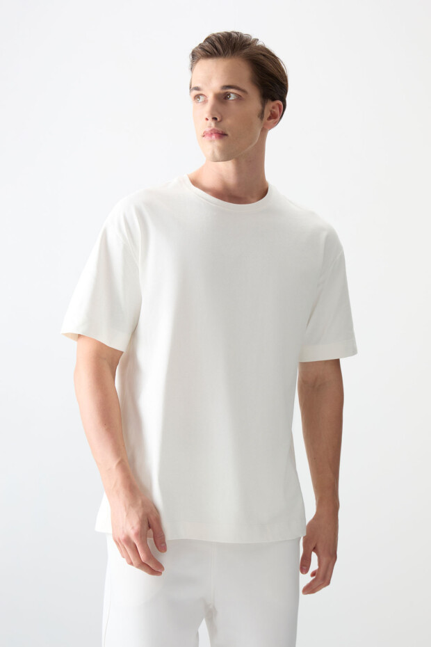Ekru %100 Pamuk Kalın Yumuşak Dokulu Oversize Fit Basic Erkek T-Shirt - 88353 - 1