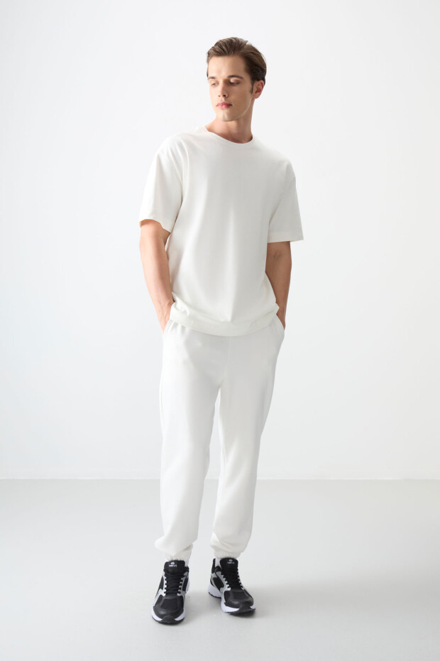 Ekru %100 Pamuk Kalın Yumuşak Dokulu Oversize Fit Basic Erkek T-Shirt - 88353 - 2