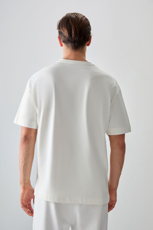 Ekru %100 Pamuk Kalın Yumuşak Dokulu Oversize Fit Basic Erkek T-Shirt - 88353