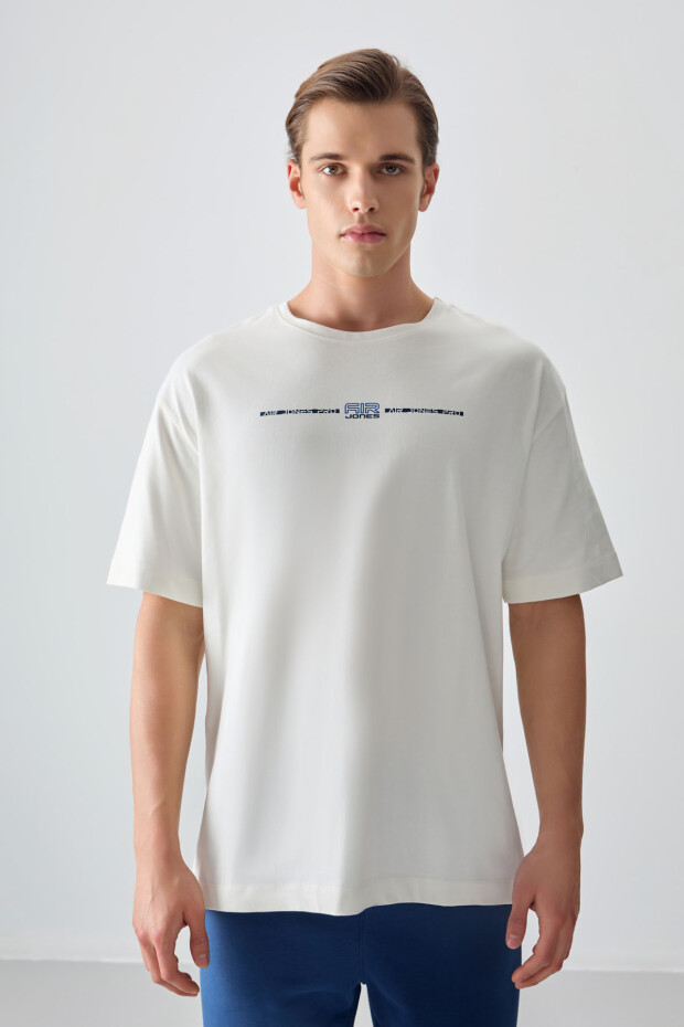 Ekru %100 Pamuk Kalın Yumuşak Dokulu Oversize Fit Baskılı Erkek T-Shirt - 88357