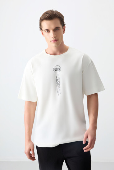 Ekru %100 Pamuk Kalın Yumuşak Dokulu Oversize Fit Baskılı Erkek T-Shirt - 88355 