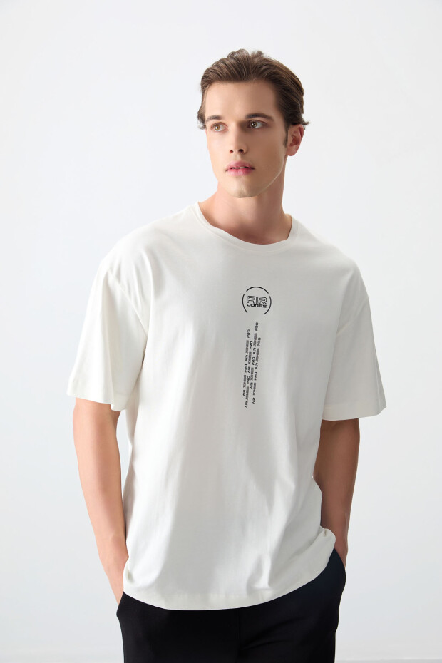 Ekru %100 Pamuk Kalın Yumuşak Dokulu Oversize Fit Baskılı Erkek T-Shirt - 88355 - 4