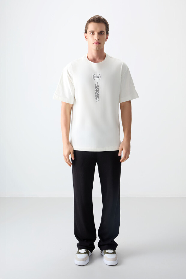 Ekru %100 Pamuk Kalın Yumuşak Dokulu Oversize Fit Baskılı Erkek T-Shirt - 88355 - 5
