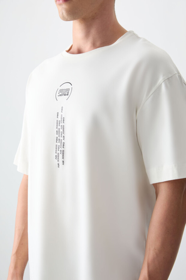Ekru %100 Pamuk Kalın Yumuşak Dokulu Oversize Fit Baskılı Erkek T-Shirt - 88355 - 3