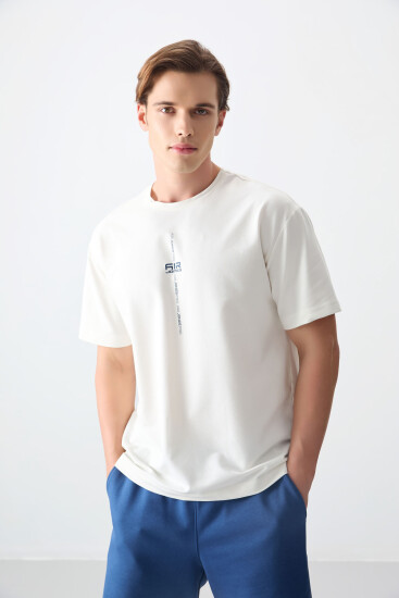 Ekru Pamuklu Kalın Yumuşak Dokulu Oversize Fit Baskılı Erkek T-Shirt - 88373 