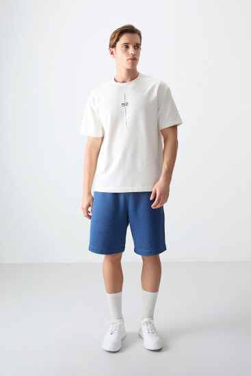 Ekru Pamuklu Kalın Yumuşak Dokulu Oversize Fit Baskılı Erkek T-Shirt - 88373 - Air Jones (1)