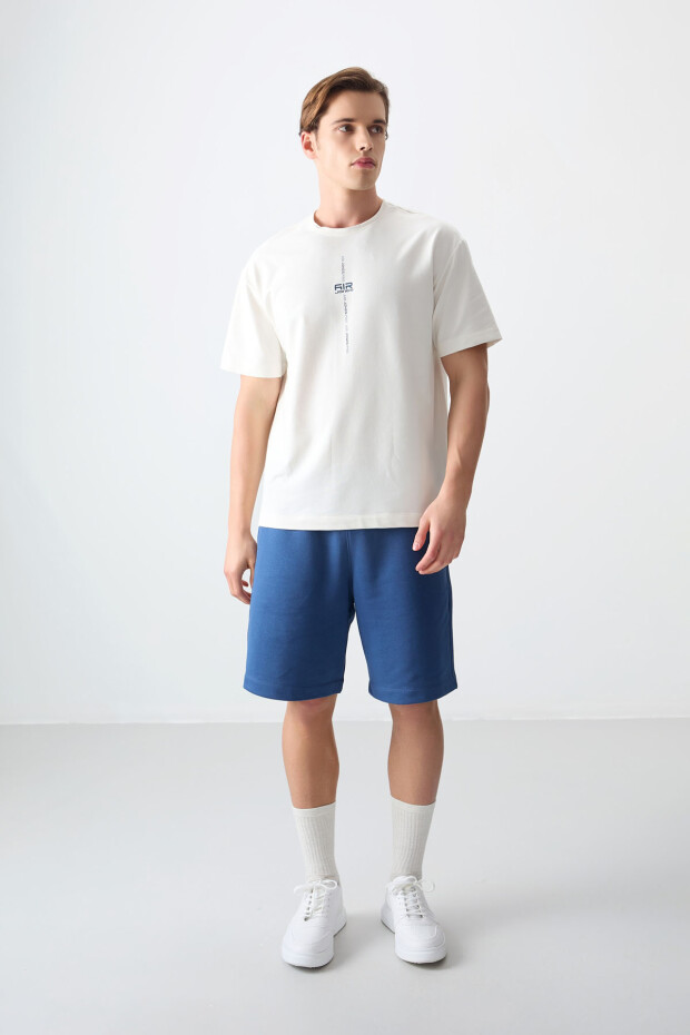Ekru Pamuklu Kalın Yumuşak Dokulu Oversize Fit Baskılı Erkek T-Shirt - 88373 - 2