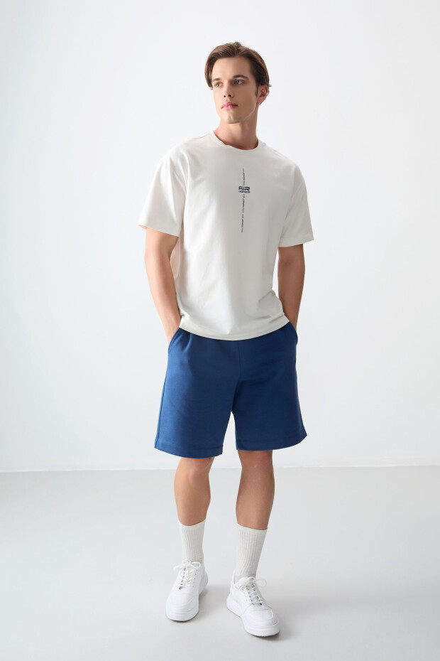 Ekru Pamuklu Kalın Yumuşak Dokulu Oversize Fit Baskılı Erkek T-Shirt - 88373 - 4