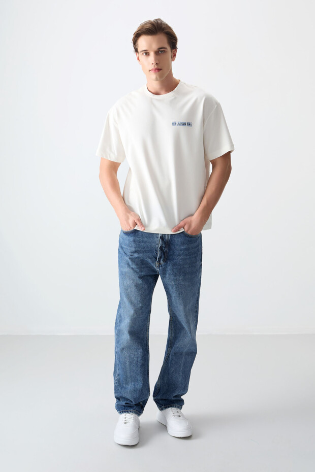 Ekru Pamuklu Kalın Yumuşak Dokulu Oversize Fit Baskılı Erkek T-Shirt - 88375 - 5
