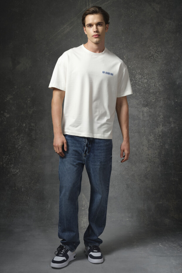 Ekru Pamuklu Kalın Yumuşak Dokulu Oversize Fit Baskılı Erkek T-Shirt - 88375