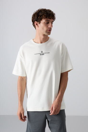 Ekru Pamuklu Kalın Yumuşak Dokulu Oversize Fit Baskılı Erkek T-Shirt - 88321 