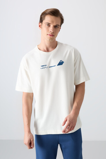 Ekru Pamuklu Kalın Yumuşak Dokulu Oversize Fit Baskılı Erkek T-Shirt - 88330 