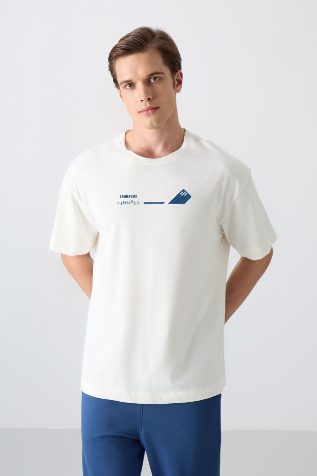 Ekru Pamuklu Kalın Yumuşak Dokulu Oversize Fit Baskılı Erkek T-Shirt - 88330