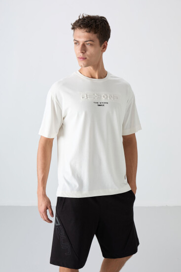 Ekru Pamuklu Kalın Yumuşak Dokulu Oversize Fit Baskılı Erkek T-Shirt - 88328 