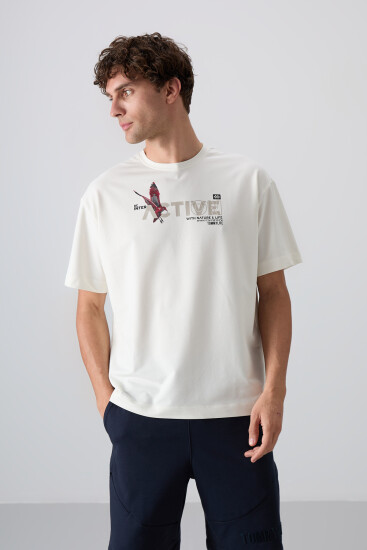 Ekru Pamuklu Kalın Yumuşak Dokulu Oversize Fit Baskılı Erkek T-Shirt - 88344 