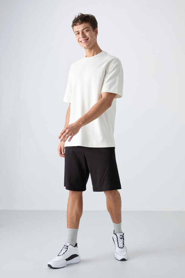 Ekru Pamuklu Kalın Yüzeyi Dokulu Oversize Fit Basic Erkek T-Shirt - 88337