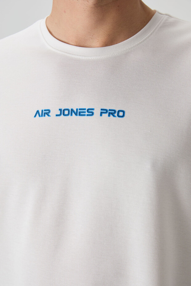 Ekru Pamuklu Kalın Yüzeyi Dokulu Oversize Fit Baskılı Erkek T-Shirt - 88364 - 2