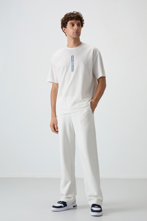 Ekru Pamuklu Kalın Yüzeyi Dokulu Oversize Fit Baskılı Erkek T-Shirt - 88366 - 2