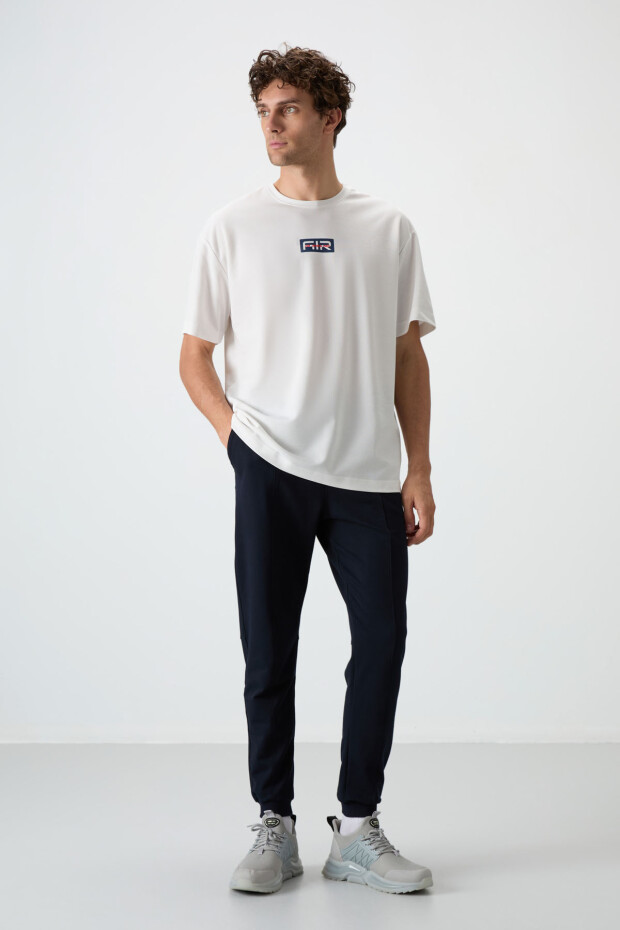 Ekru Pamuklu Kalın Yüzeyi Dokulu Oversize Fit Baskılı Erkek T-Shirt - 88367 - 3