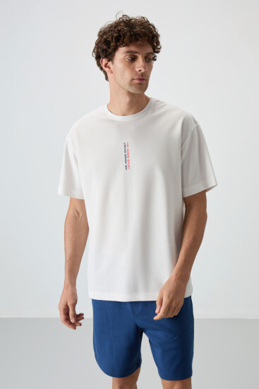 Ekru Pamuklu Kalın Yüzeyi Dokulu Oversize Fit Baskılı Erkek T-Shirt - 88368 