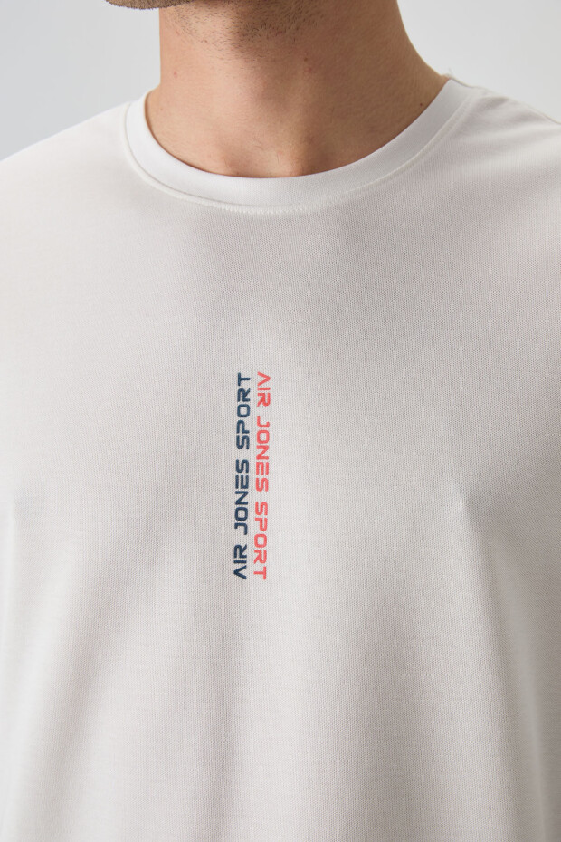Ekru Pamuklu Kalın Yüzeyi Dokulu Oversize Fit Baskılı Erkek T-Shirt - 88368