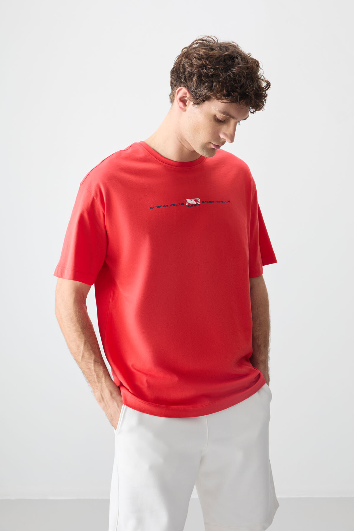 Fiesta %100 Pamuk Kalın Yumuşak Dokulu Oversize Fit Baskılı Erkek T-Shirt - 88357 - Air Jones